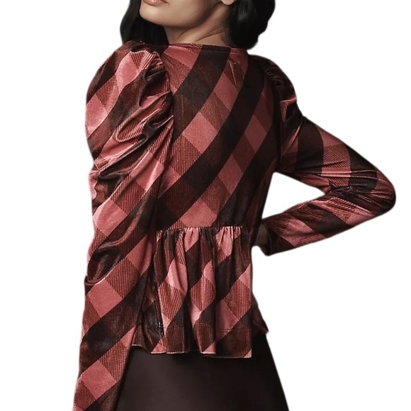 NWT Anthropologie Maeve Babydoll Peplum Top – Pink & Rose Velvet Plaid – Size M - Picture 2 of 3